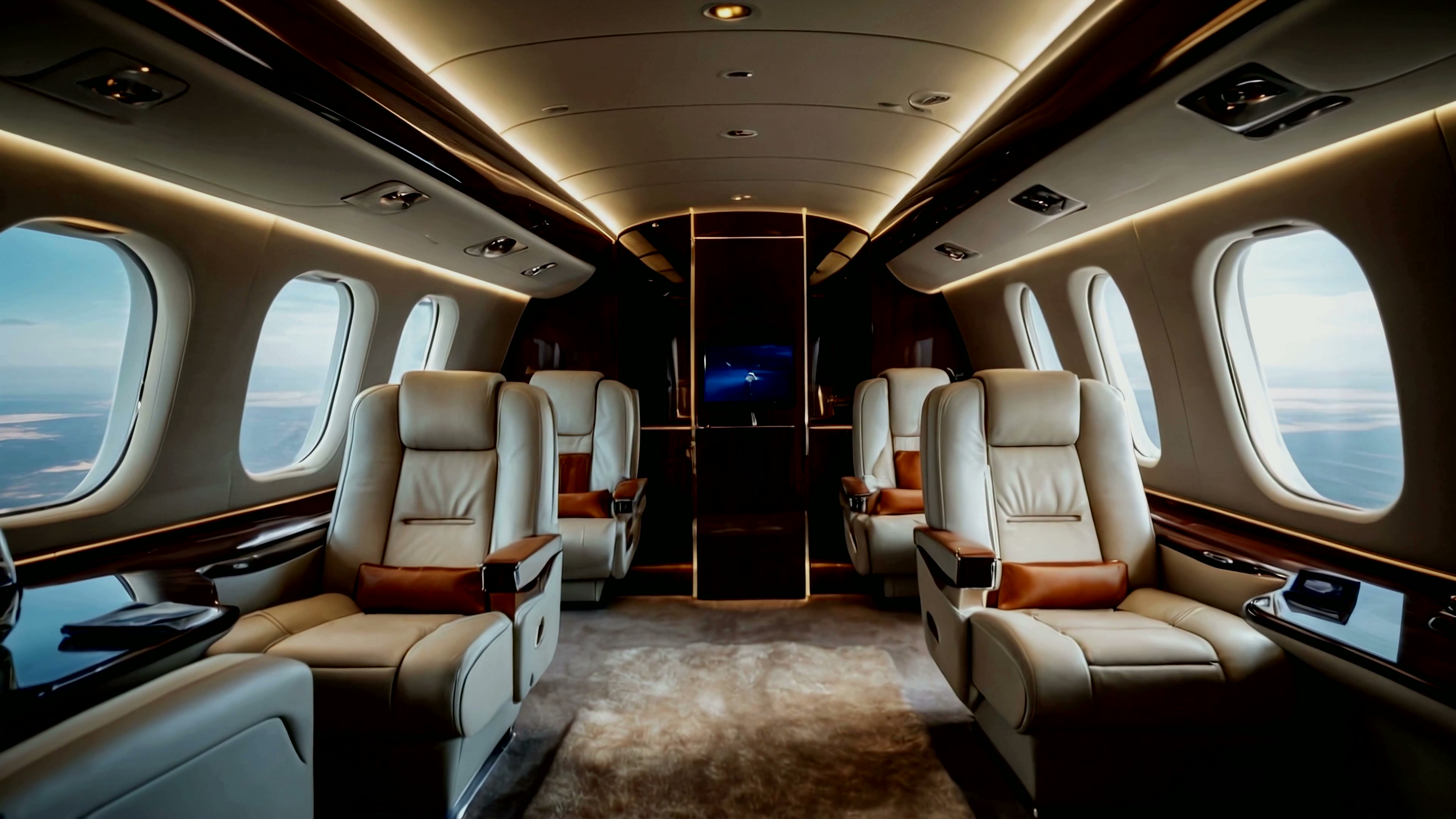 Cabin of a private jet with cream leather seats