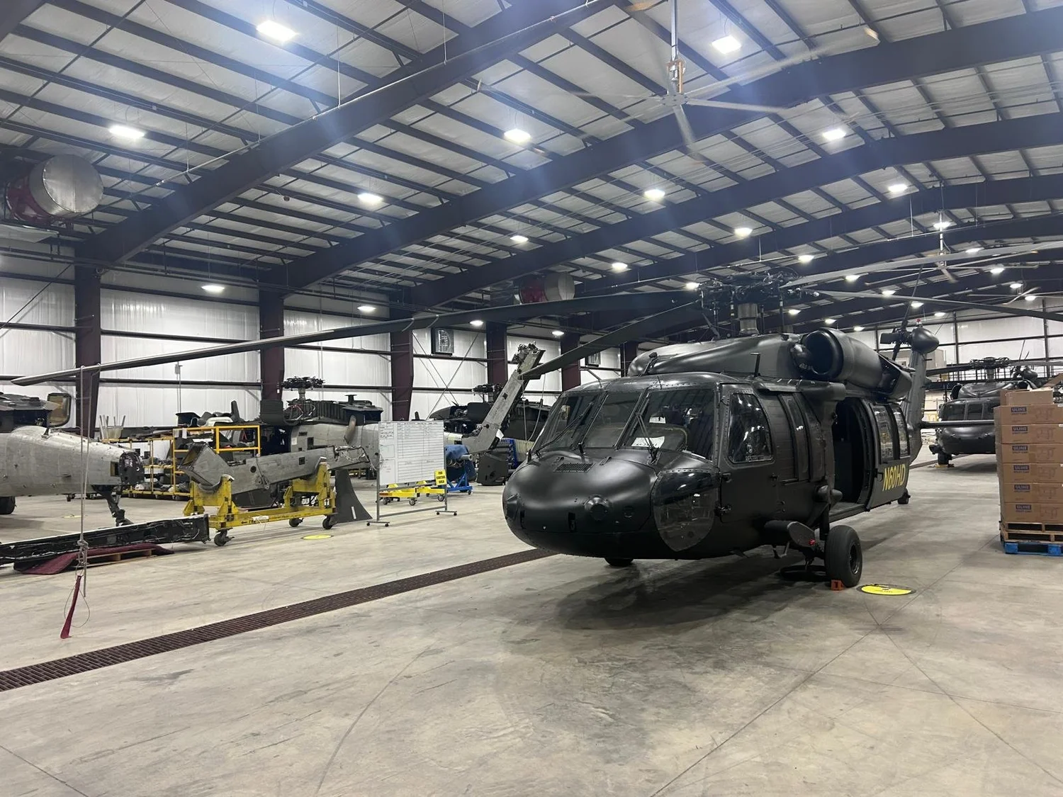 UH 60 Black Hawk N60HD frontal in the maintenance hangar